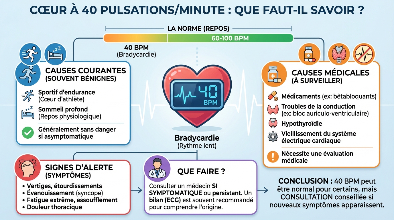 Cœur qui bat à 40 pulsations : que faut-il savoir ? 1 Symptômes associés